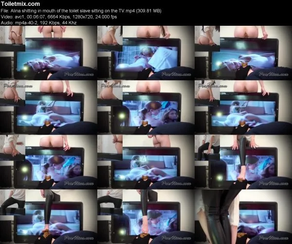 Alina shitting in mouth of the toilet slave sitting on the TV