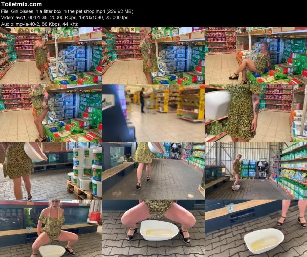 Girl pisses in a litter box in the pet shop