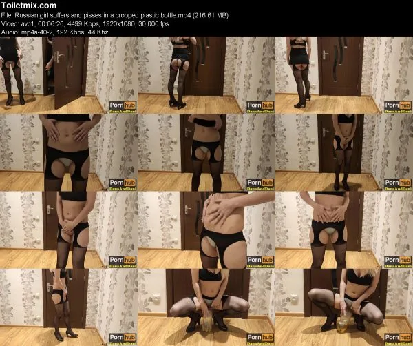 Russian girl suffers and pisses in a cropped plastic bottle