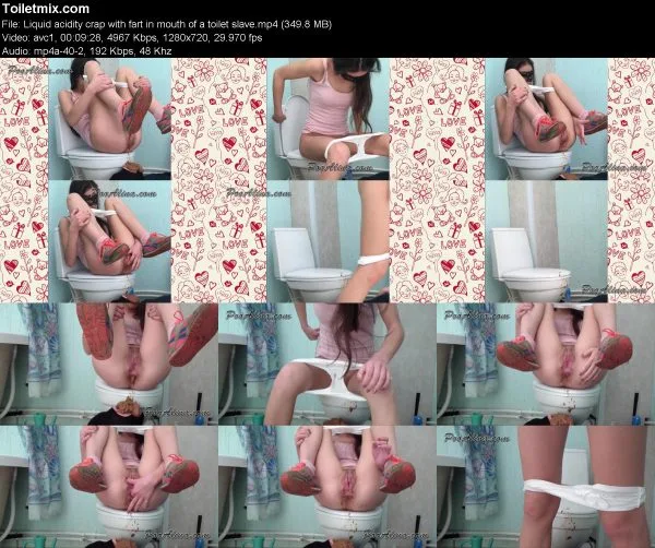 Liquid acidity crap with fart in mouth of a toilet slave