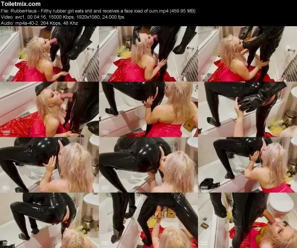 RubberHaus – Filthy rubber girl eats shit and receives a face load of cum