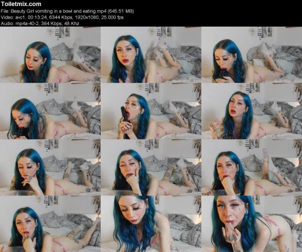 Beauty Girl vomiting in a bowl and eating