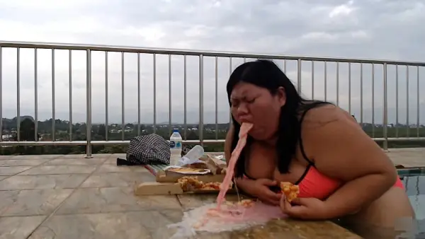 Chubby girl vomiting outdoor