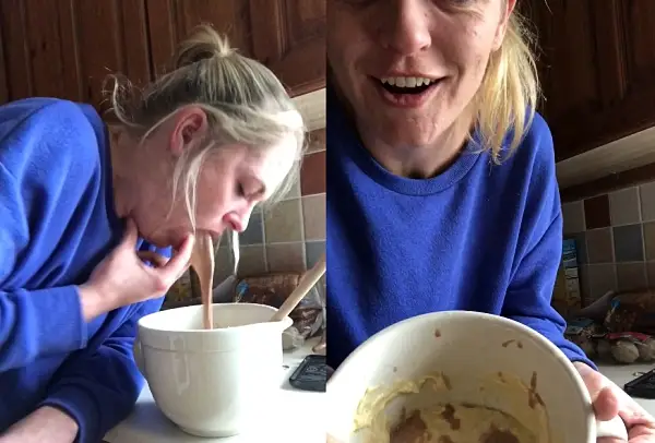 Girl make herself puke in the kitchen