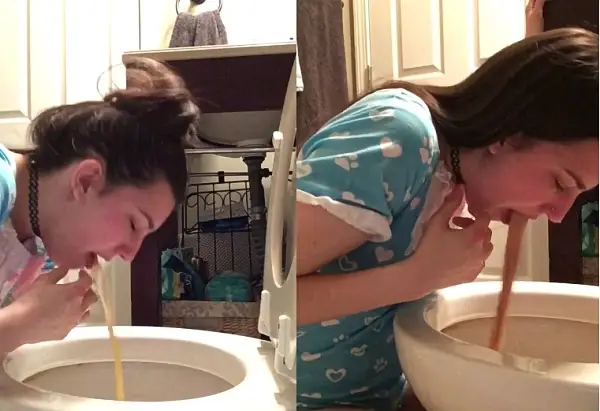 Girl toilet vomiting home action
