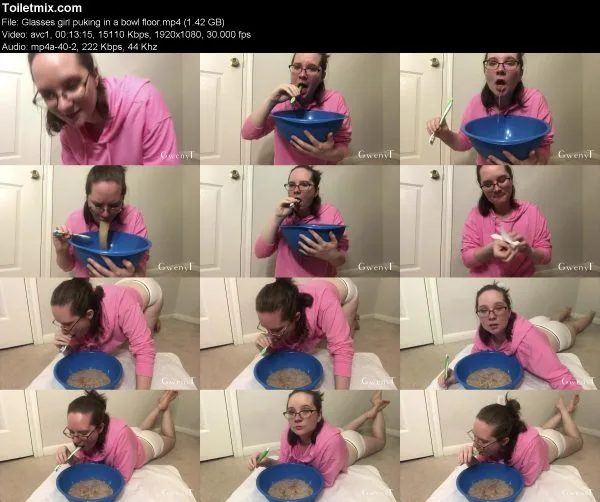 Glasses girl puking in a bowl floor