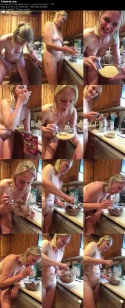 Naked girl make herself vomit in a bowl kitchen