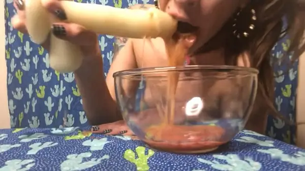 Pretty Girl dildo gagging and vomiting in a bowl