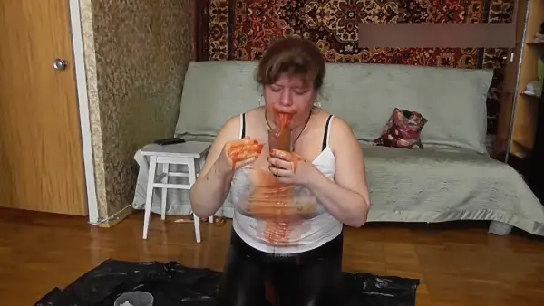 Russian Milf puke on herself and eat