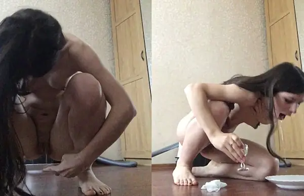 Russian Naked girl gagging and drink urine