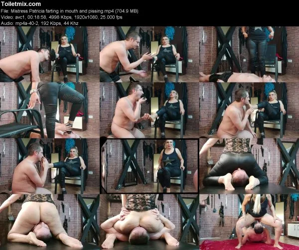 Mistress Patricia farting in mouth and pissing