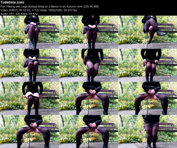 Peeing with Legs Spread Wide on a Bench in an Autumn