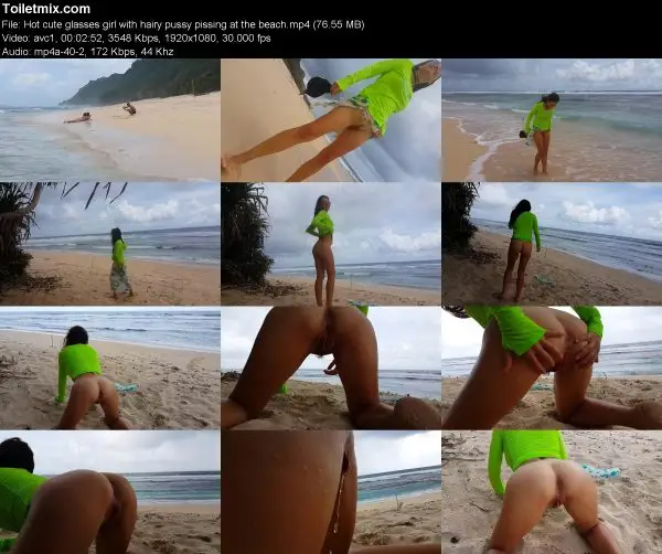 Hot cute glasses girl with hairy pussy pissing at the beach