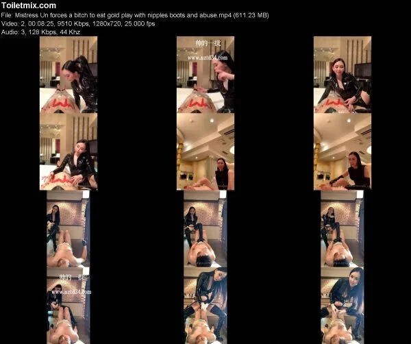 Mistress Un forces a bitch to eat gold play with nipples boots and abuse