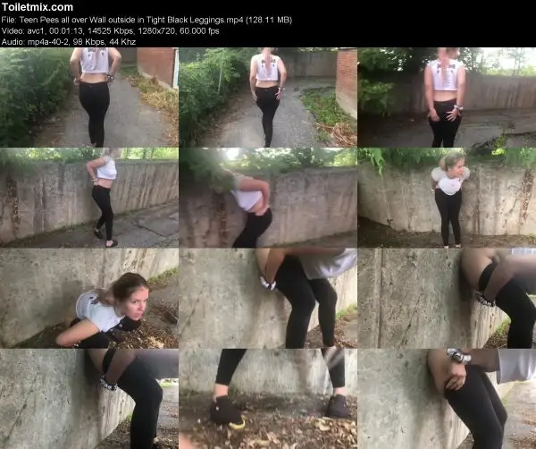 Teen Pees all over Wall outside in Tight Black Leggings