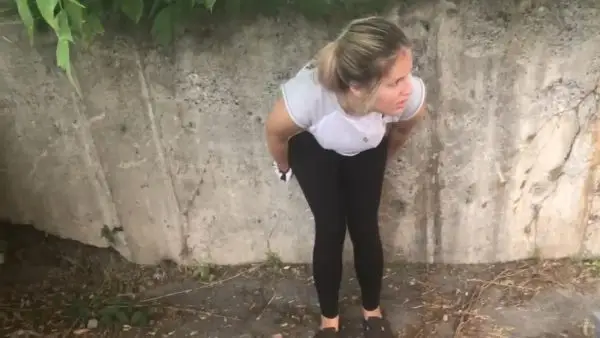 Teen Pees all over Wall outside in Tight Black Leggings