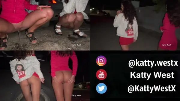Katty West – Two girls pee in public near the car