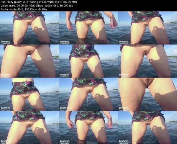 Hairy pussy MILF peeing in sea water