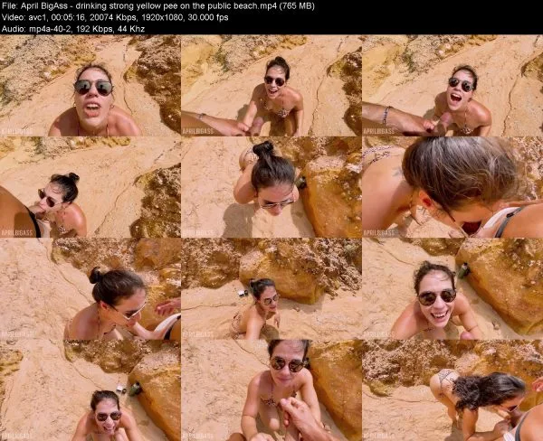 April BigAss – drinking strong yellow pee on the public beach