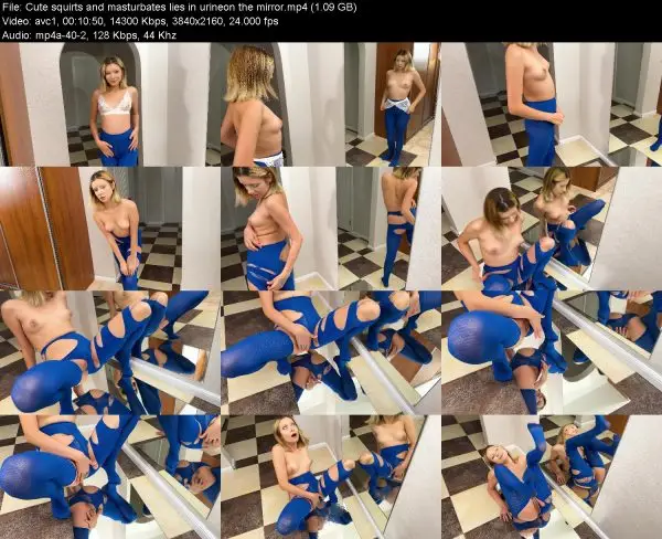 Cute squirts and masturbates lies in urineon the mirror