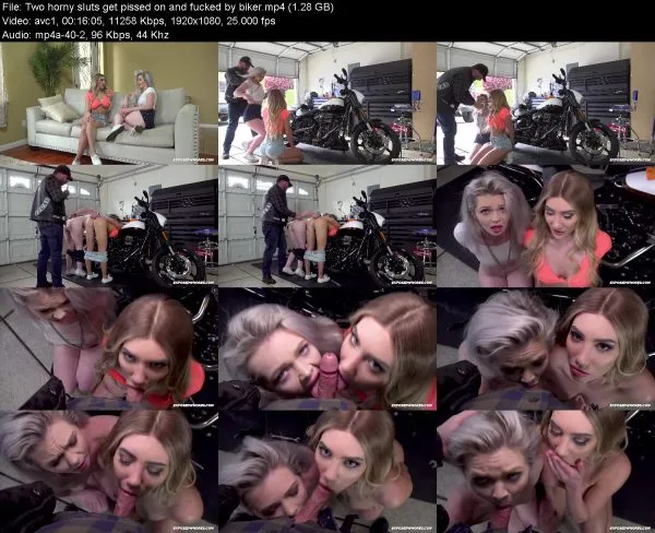 Two horny sluts get pissed on and fucked by biker