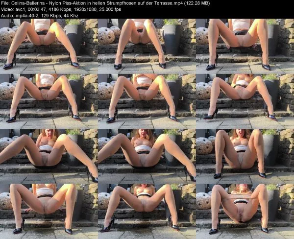 Celina-Ballerina – Nylon Piss-Aktion in hellen Strumpfhosen auf der Terr…