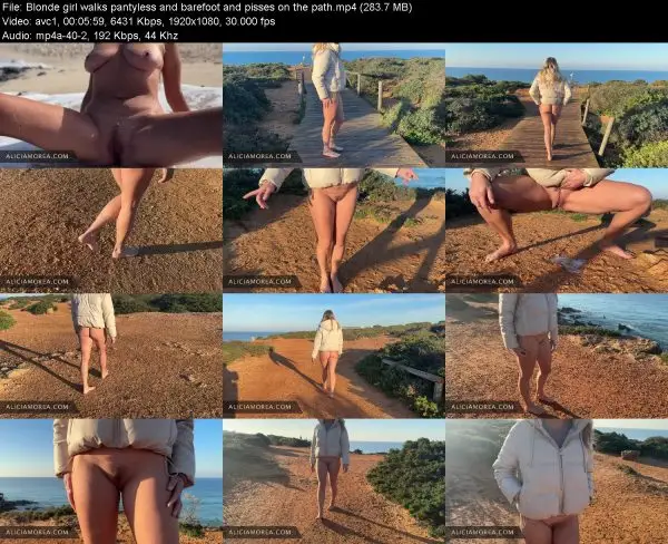 Blonde girl walks pantyless and barefoot and pisses on the path