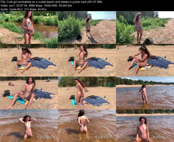 Cute girl sunbathes on a nudist beach and pisses in public