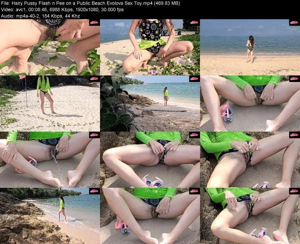 Hairy Pussy Flash n Pee on a Public Beach Evolova Sex Toy