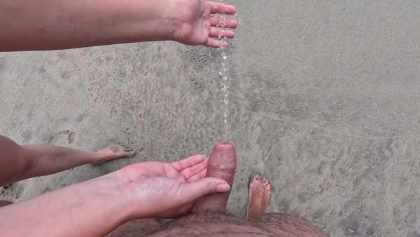 Stranger girl helping to pee guy at the public