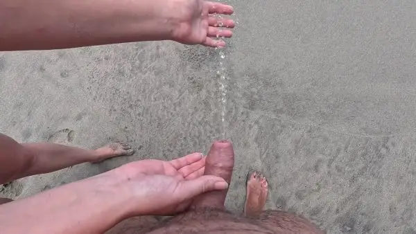 Stranger girl helping to pee guy at the public