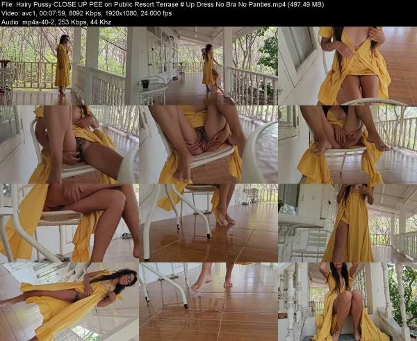 Hairy Pussy CLOSE UP PEE on Public Resort Terrase # Up Dress No Bra No P…